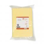 The photo shows 25 yellow heavy duty cleaning cloths, each measuring 500x300mm, from 5 Star Facilities. These anti-microbial cloths are made of 76gsm material and are perfect for tackling tough cleaning jobs.