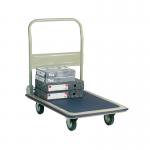 The image shows a GPC platform truck with folding capabilities and a lightweight design. It measures 608x907x850mm and is marked with the model numbers GI003Y and GA71492. The truck appears sturdy and practical for transportation purposes.
