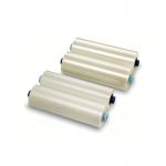 This image shows two rolls of GBC Laminating Film, each measuring 635mm in width and 75m in length. The film has a thickness of 75 microns and is designed for use with GBC NAP2 laminators. The packaging displays the GBC logo and product name.