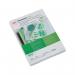In the picture, there are 100 glossy A5 laminating pouches, from the brand GBC. They are transparent and have a thickness of 75 microns. The pouches are neatly stacked on top of each other in a pack, ready to use for document lamination.