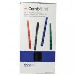The image shows a pack of GBC Binding Combs in black, designed for A4 size paper and measuring 14mm in diameter. The combs have a distinctive spiral design and are stacked neatly in a pack of 100. The packaging features the GBC CombBind logo prominently.