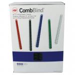 This picture shows a package of GBC Binding Combs. The combs are black and come in a pack of 100. They are designed for use with A4 paper and have a size of 22mm.