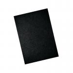 The photo shows a pack of 100 GBC LeatherGrain A4 Binding Covers in black. Each cover is 250gsm, has a leather-like texture, and is designed to bind documents with a professional and durable finish.