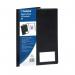 This picture shows a sleek black Exacompta Display Book with 12 pockets, perfect for storing and organizing A4-sized documents. The cover has the words Exacompta Guildhall embossed in metallic gold font. The display book is securely held closed with a black elastic band. Each pocket is clear, allowing for easy viewing of the contents inside.