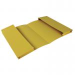This photo showcases a set of 25 double pocket wallets in bright yellow. The wallets, made by Guildhall Legal, are designed for foolscap paper and feature the Exacompta brand name. The wallets are neatly stacked and ready for office use.