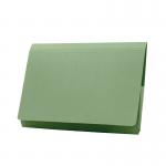 This photo shows a pack of 50 Exacompta Guildhall Document Wallets in the color green. Each wallet has a full flap pocket and is sized for foolscap paper. The wallets are neatly organized and stacked, ready for use in an office or school setting.