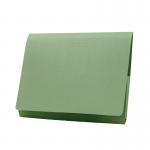 This photograph showcases a pack of 50 green Exacompta Guildhall brief size pocket wallets that are 14x10 inches in size. The wallets are neatly stacked and have the Guildhall Legal logo printed on the front in white. The vibrant green color adds a pop of color to the overall aesthetic.