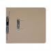 The photograph shows a stack of 50 buff-colored Exacompta Guildhall transfer and pocket transfer files, made of durable 315gsm paper. Each file has a spiral binding and is labeled with the Guildhall logo. The foolscap size makes them perfect for organizing and storing important documents.