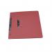 This photograph captures a stack of Exacompta Guildhall Transfer Spiral Files in a vibrant red color. The 315gsm foolscap files feature a handy pocket for storing additional documents, making them perfect for staying organized and efficient.