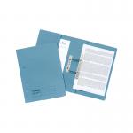 The photo shows a stack of 25 Exacompta Guildhall Transfer Spiral Pocket Files in a deep blue color. The files are made of sturdy 315gsm paper and are designed to hold foolscap size documents. The spiral pocket allows for easy access and secure storage of important files.