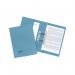 The photo shows a stack of 25 Exacompta Guildhall Transfer Spiral Pocket Files in a deep blue color. The files are made of sturdy 315gsm paper and are designed to hold foolscap size documents. The spiral pocket allows for easy access and secure storage of important files.