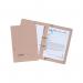 The photo shows a pack of 25 Exacompta Guildhall Transfer Spiral Pocket Files. Made from 315gsm buff colored card, these foolscap files feature a spiral binding for secure storage and transfer of important documents.