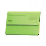 The image shows a pack of 25 bright green Exacompta Forever document wallets, made of manilla paper and designed for foolscap documents. The wallets have a secure flap closure and are perfect for organizing and storing important papers.