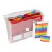 This image displays a vibrant and organized Exacompta expanding file with 13 pockets. It features a colorful assortment of folders, each with a label tab for easy organization. The sturdy construction and accordion-style design allow for efficient storage and retrieval of documents.