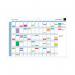 An image of the Exacompta Planning Boards Magnetic Perpetual Year Planner shows a sleek white board with a grid pattern and designated sections for each month. Colorful magnets and strips can be seen scattered across the board, along with a pen and accompanying box.