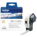 The photo shows a set of Brother paper labels, including DK11204 multi-purpose labels and 11109J labels. The labels are white with a glossy finish and feature a clear adhesive backing. Each label has a rectangular shape and is neatly stacked on top of each other, ready to be used for various labeling purposes. The Brother logo is visible on the packaging in the background.