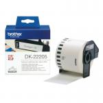 The image shows the Brother Paper Labels and Continuous Paper Tapes. The labels are neatly stacked on top of each other, while the paper tapes are rolled up tightly. The packaging reads Brother DK22205 and 11114J. The background is a crisp white, allowing the vibrant colors of the labels and tapes to stand out.