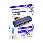 The photograph captures a pack of laminating pouches with a glossy finish, designed for A4 sized documents. The pouches are transparent with a thickness of 75 microns and come in a pack of 100. The packaging features the brand logo and product details.