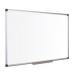 The photo shows a Bi-Silque drywipe board from Bi-Office, specifically their Maya Enamel Aluminium Framed Whiteboard model. The board measures 900x600mm and has a sleek, modern design. The frame is made of sturdy aluminium and the board itself has a glossy, white surface for easy writing and erasing. The board is mounted on a wall and the image also includes two markers and an eraser, indicating that the board is suitable for writing and erasing dry-erase marker.