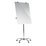 The photo features a sleek and modern Bi-Silque Flipchart Easel & Pads Bi-Office 700 x 1000mm Magnetic Glass Mobile Easel. The easel stands tall and sturdy, with a wide magnetic glass surface that is perfect for writing or displaying visual aids. The smooth, silver base and frame add a touch of elegance to the overall design. On the side, a tray is attached to hold markers and other supplies. This practical and stylish easel is the perfect addition to any office or classroom setting.