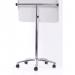 The Bi-Silque Flipchart Easels & Pads Bi-Office 700 x 1000mm Magnetic Glass Mobile Easel 26739J features a sleek and modern design with a large glass surface measuring 700 x 1000mm. The easel is equipped with a magnetic board, making it easy to attach notes and papers. It is also portable and can be easily moved around thanks to its rolling base. The overall look is professional and functional, perfect for any office or meeting room environment.