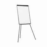 The photograph shows a sleek and professional looking black tripod easel, with a sturdy frame and adjustable legs for stability. Attached to the top is a Bi-Silque flipchart pad, ideal for presentations and brainstorming sessions. The easel also features a spacious tray for holding markers and erasers. The Bi-Office Economic A1 drywipe surface provides a smooth and durable writing surface for the highest quality presentations. Overall, this photograph showcases a versatile and practical addition to any office or meeting space.