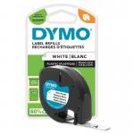 The image is of Newell Brands label tapes in the Dymo 91221 style. The tape is 12mm wide and 4m long, with a black text on a white plastic background. The label is neatly organized with precision and is visible in great detail.