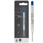 In the photograph, there are 12 blue ink fine Parker Quinkflow ball pen refills in a box, each with the Newell Brands Pen Refills label. The refills have a sleek design and appear to be of high quality.