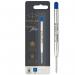 In the photograph, there are 12 blue ink fine Parker Quinkflow ball pen refills in a box, each with the Newell Brands Pen Refills label. The refills have a sleek design and appear to be of high quality.