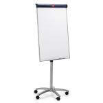 The image shows a sleek, modern flipchart easel with a clean whiteboard surface. The easel can be easily moved around with its built-in wheels, making it convenient for presentations or brainstorming sessions. The easel also features a holder for flipchart pads, keeping them within reach. The brand name Nobo can be seen prominently displayed on the top of the easel. Overall, the image exudes professionalism and efficiency for any meeting or workshop.