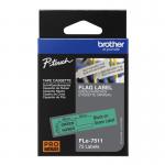 A photograph of the Brother Label Tapes Brother FLE-7511 Die-cut Flexi Flag Label shows a black label with white text, mounted on a green background and measuring 21 x 45mm. The label features a unique flag shape, adding a touch of visual interest to any labeling project.