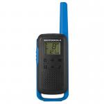 The image shows two blue Motorola TLKR T62 walkie-talkie radios, neatly packed together in a twin pack. The sleek design and prominent Motorola branding are visible, along with the buttons and screen on the front of the radios. These are high-quality two-way radios perfect for keeping in touch on outdoor adventures or in professional settings.