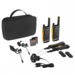 A picture of Motorola TLKR T82 Extreme Walkie Talkie TWIN Pack shows two durable, compact two-way radios with a sleek black design. Each radio has a large, easy-to-use keypad and a clear LCD display, perfect for outdoor adventures and communication on-the-go.