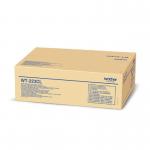The photo shows a stack of Brother Waste Toner Containers, specifically the WT223CL model. These containers are rectangular in shape and have a matte finish. Each container has a label with the Brother logo and product information on it. The top container is partially open revealing the waste toner box inside, which is a clear plastic bag filled with dark toner particles. The overall image conveys a neat and organized storage solution for waste toner.