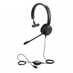 This picture features a sleek black Jabra Evolve 30 II USB-A MS NC Mono Headset. The headset is designed with comfort in mind, and includes noise-cancellation technology for crystal clear calls. The USB-A connection allows for easy plug-and-play use. 