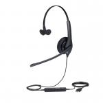 The picture shows a sleek and modern Jabra BIZ 1500 Mono USB-A headset, with a comfortable over-the-head design and a single earpiece. The USB-A connector allows for easy connectivity, making it convenient for use in a variety of settings. The Jabra branding and design elements are prominent, showcasing its high quality.