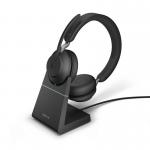 The Jabra Wireless Headsets Jabra Evolve2 65 is a sleek, black headset with comfortable cushioned ear pads. It has a convenient USB-A connection and a built-in charging stand for easy storage. The stereo sound quality is perfect for clear communication during virtual meetings or calls.