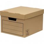 This photo captures 10 Fellowes Bankers Box FSC Value Storage Boxes, commonly used for organized storage of documents and paperwork. The boxes are made of sturdy materials and feature a standard brown color with a fold-down lid for easy access.