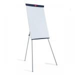 The picture shows a sturdy, steel flipchart easel from ACCO Brands. The easel features a classic, basic design with a simple, yet professional, look. On top sits a pad of Nobo flipchart paper, ready to be used for presentations or brainstorming sessions. The easel can be easily adjusted to different heights and angles for optimal use. This versatile easel is perfect for any office or classroom setting.