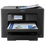 The Epson Multifunction Inkjet Printer is a sleek and modern black printer with a large control panel and LCD display. There is a paper tray at the bottom and a built-in scanner on top, along with various buttons and ports on the sides. The printer can handle A3 color printing, making it ideal for larger projects.
