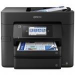 The Epson Multifunction Inkjet Printer Epson WorkForce PRO WF-4830DTWF has a sleek black exterior with a LCD display and control panel on the front. It features a sheetfed design with a paper tray and output tray on the top. The printer has multiple functions such as printing, scanning, copying, and faxing. The compact size makes it suitable for any office or home workspace.