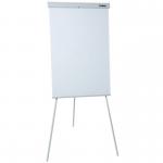 The photo shows a sleek and sturdy Dahle flipchart easel in use, with the easel fully extended and propped against a wall. The top of the easel features a large, high-quality paper pad secured by clips on each side. The easels legs are adjustable and have rubber feet for stability. The whiteboard surface is clean and ready for presentations, and a built-in tray holds markers and other supplies. The overall appearance is professional and versatile, perfect for meetings and presentations.