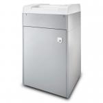 The picture shows a Dahle Large Office Shredder, specifically the 119 Professional Strip cut model (31634J). The shredder is a sleek black color and features a large paper intake opening, a clear viewing window to monitor the shred bag, and a secure shredding bin. The top of the shredder has a control panel with various buttons and a power switch. The shredder is situated on a stable base with casters for easy mobility.