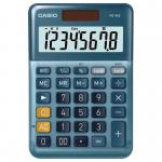 This photo shows multiple Casio MS-80E desk calculators in a row. They each have a large, angled display screen and small number buttons beneath. The calculators are black with white and orange labeling.