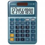 On a plain desk with a stack of papers, two Casio MS-100EM calculators sit side by side. They each have a sleek, slim design and a large, easy-to-read display. The buttons are neatly arranged in a grid formation, with the power button in the center. Both calculators have Casios logo printed on the top and a strip of bright blue surrounding the display.
