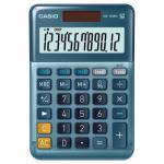 This photo features two Casio calculators, the MS-120EM model, on a desk. They have a slim, black design with white buttons and a large digital display. The calculators also have various functions, such as basic math operations and memory storage.
