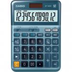 In the picture, the Casio DF-120EM Desktop Calculator is displayed. The calculator has a large, angled LCD screen with clearly labeled buttons. It has a sleek, black design and is sitting on a desktop surface. The calculator has multiple functions and modes.