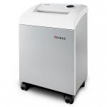 The Dahle 404 Clean Tec Professional Cross cut Shredder is a medium-sized office shredder with a sleek and modern design. Its silver body is accented with black controls and a large paper feed slot. The shredder is in use, with paper being fed through the blades for efficient cross-cut shredding. A clean and tidy workspace is seen in the background.