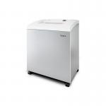 The picture features a Dahle Large Office Shredder, specifically the 714 Top Secret P-7 Micro cut Shredder model. The machine appears to be in a stylish black color with sleek design elements. The top is open, revealing the powerful blades inside, while the front has a simple control panel. The shredder is surrounded by office equipment, indicating it is ready to handle large shredding tasks.