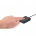 The photo shows a sleek, compact Fingerprint Reader with a USB connector. It has a brand name Safescan and is designed for their Time and Attendance Systems TimeMoto FP-150. The reader has a black surface with a small scanning area and LED lights.